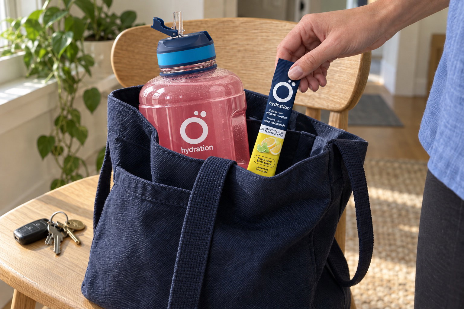 Un stick Ö glissé dans un sac cabas avec la grande bouteille de 2,5 L et des clés