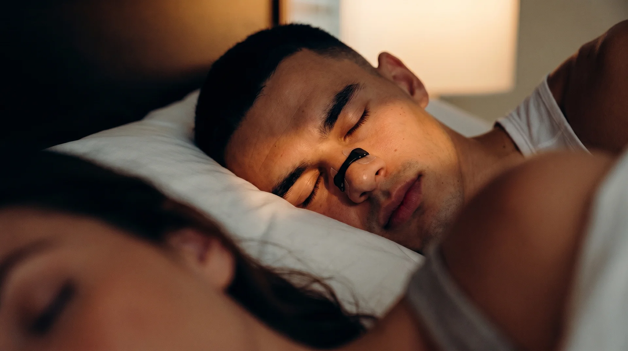 in bed with nasal strip to prevent snoring