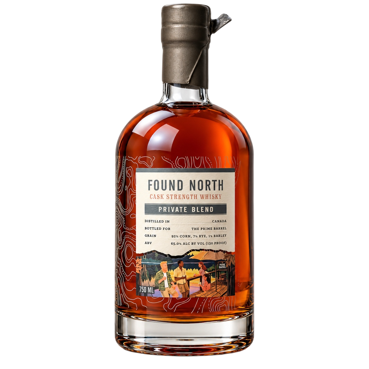 Found North Cask Strength Whisky Private Blend bottle, bottled for The Prime Barrel, 130 proof, deep amber whisky with a pewter-wrapped cork