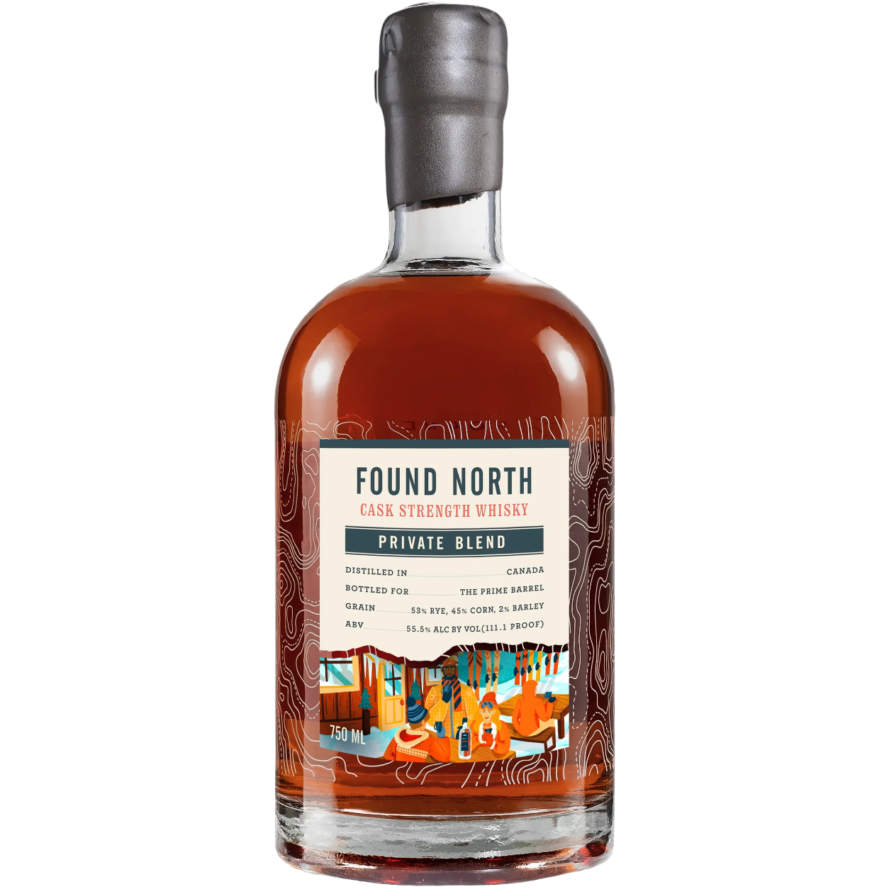 Found North Cask Strength Whisky Private Blend bottle from the Anniversary release, bottled for The Prime Barrel, 111.1 proof, with a grey wax-wrapped cork