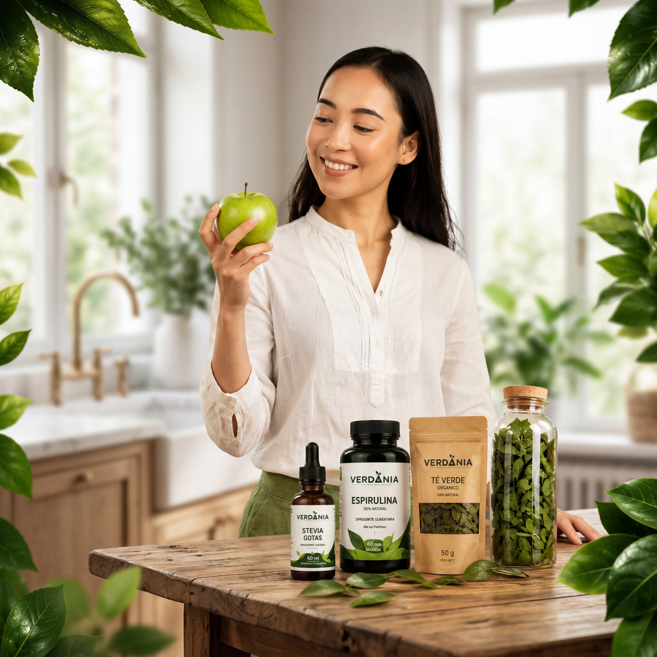Smiling woman holding a green apple near natural supplements on a wooden table in the kitchen