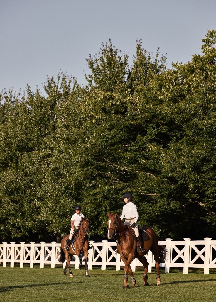 Ralph Lauren campaign image: two riders in white shirts and helmets on chestnut horses walking past a white post-and-rail fence, with tall green trees behind them in warm evening light