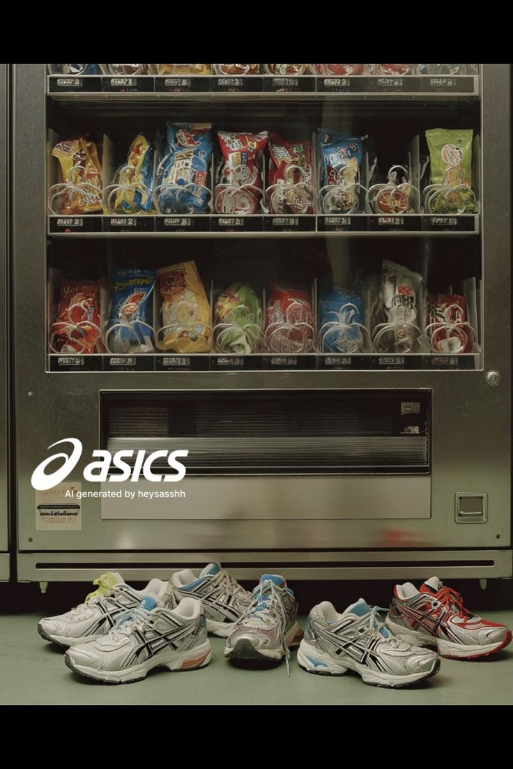ASICS campaign image: a row of silver ASICS GEL running shoes with black stripes lined up on the floor beneath a stainless-steel snack vending machine