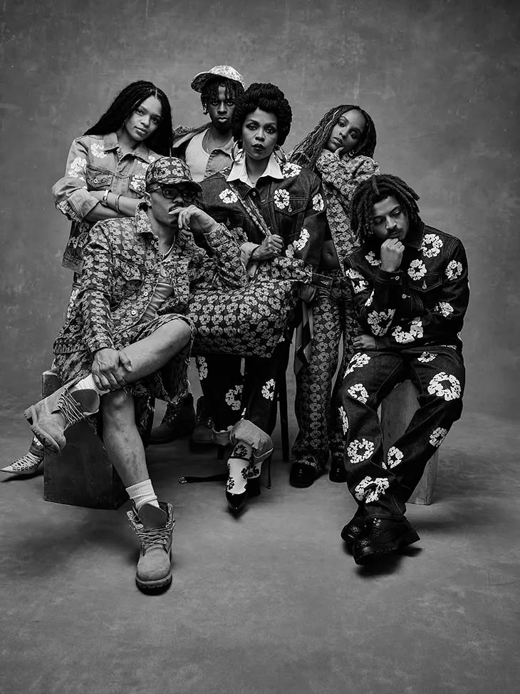 Denim Tears campaign portrait: six people posed together on wooden blocks in matching denim jackets, jeans and caps covered in the white Cotton Wreath motif, shot in black and white against a grey studio backdrop