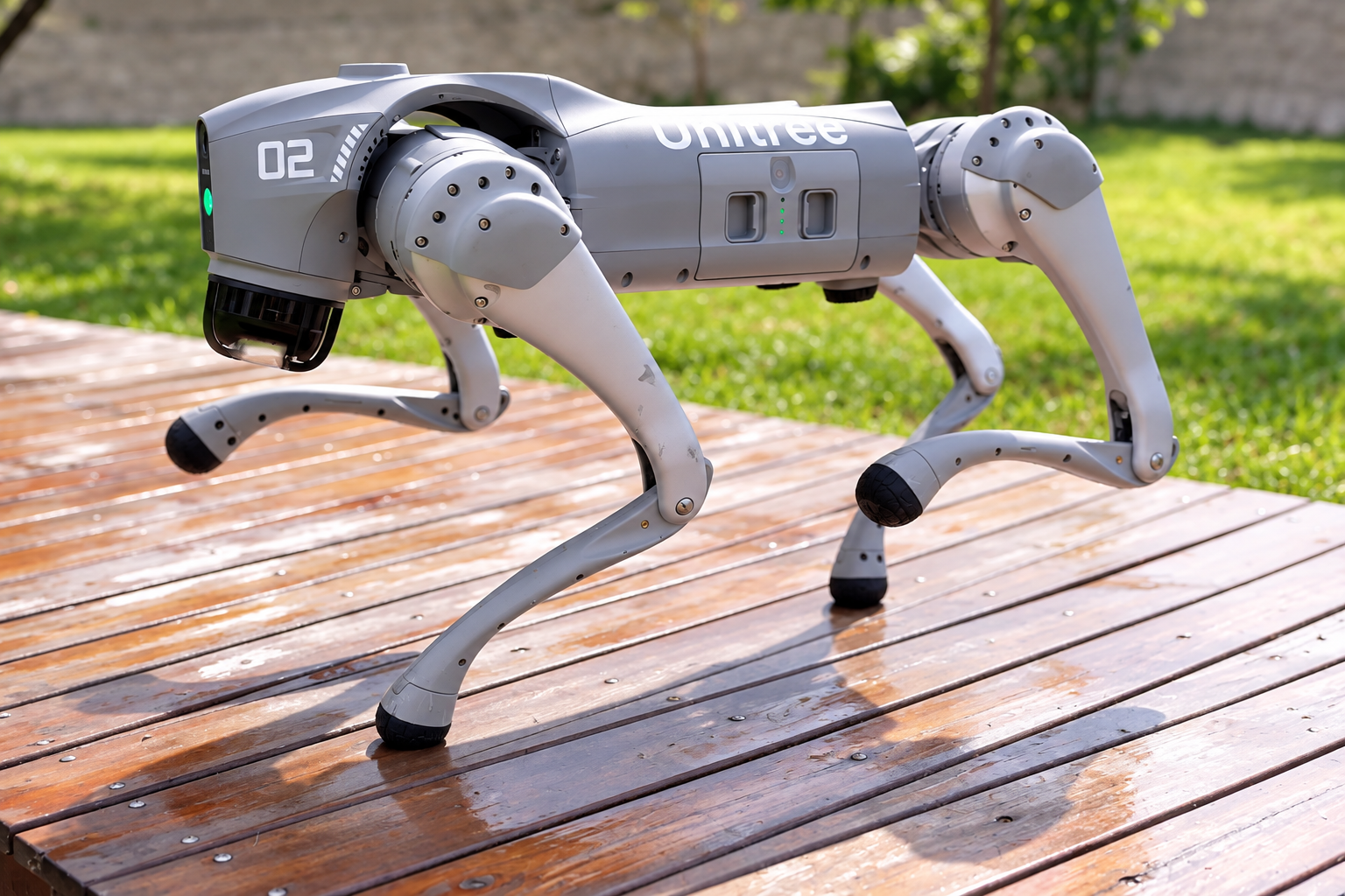 Unitree Go2 Pro – Seitenansicht auf einem Holzdeck im Garten