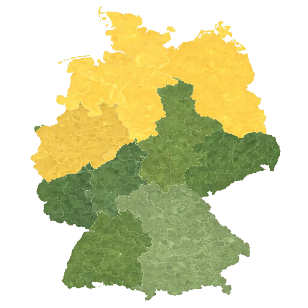 Deutschlandkarte der PLZ-Regionen 0–9 für den GLS Versand: grün PLZ 0, 3, 5, 6, 7, 8, 9 – gelb PLZ 1, 2, 4