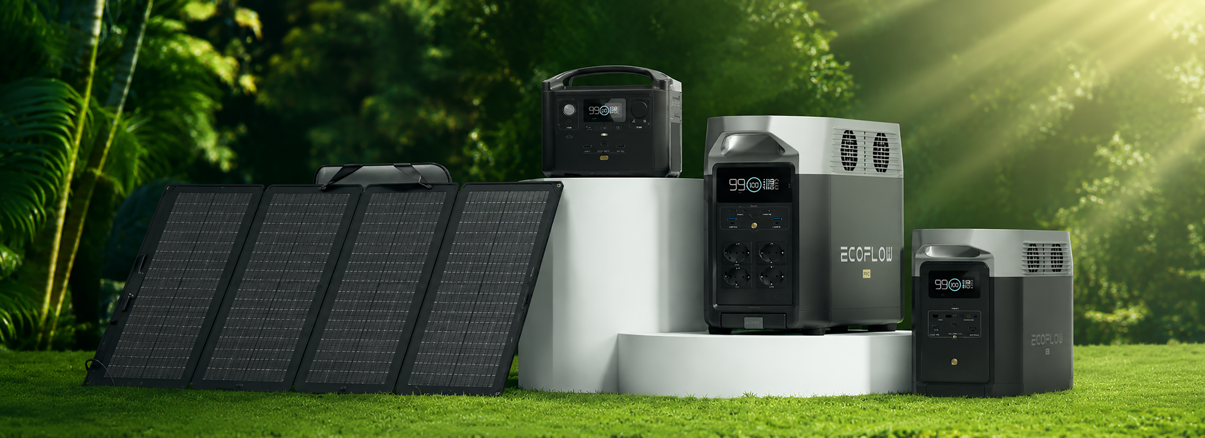 EcoFlow Powerstations und Solarpanel auf einer Wiese