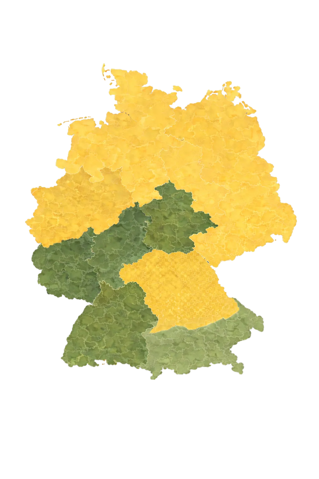Deutschlandkarte der PLZ-Regionen 0–9 für den DHL Versand: grün PLZ 3, 5, 6, 7, 8 – gelb PLZ 0, 1, 2, 4, 9