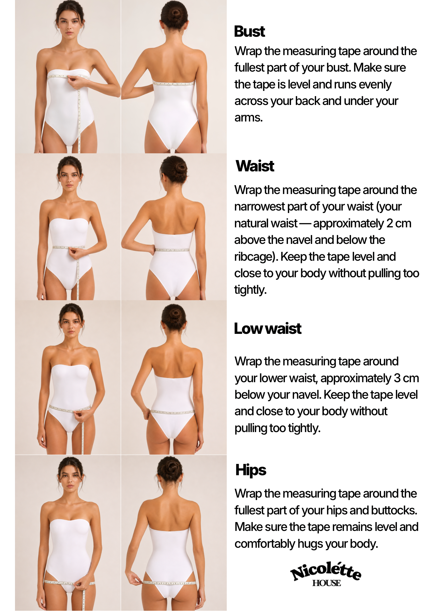 How to measure guide: where to wrap the tape for bust, waist, low waist and hips, shown from the front and back