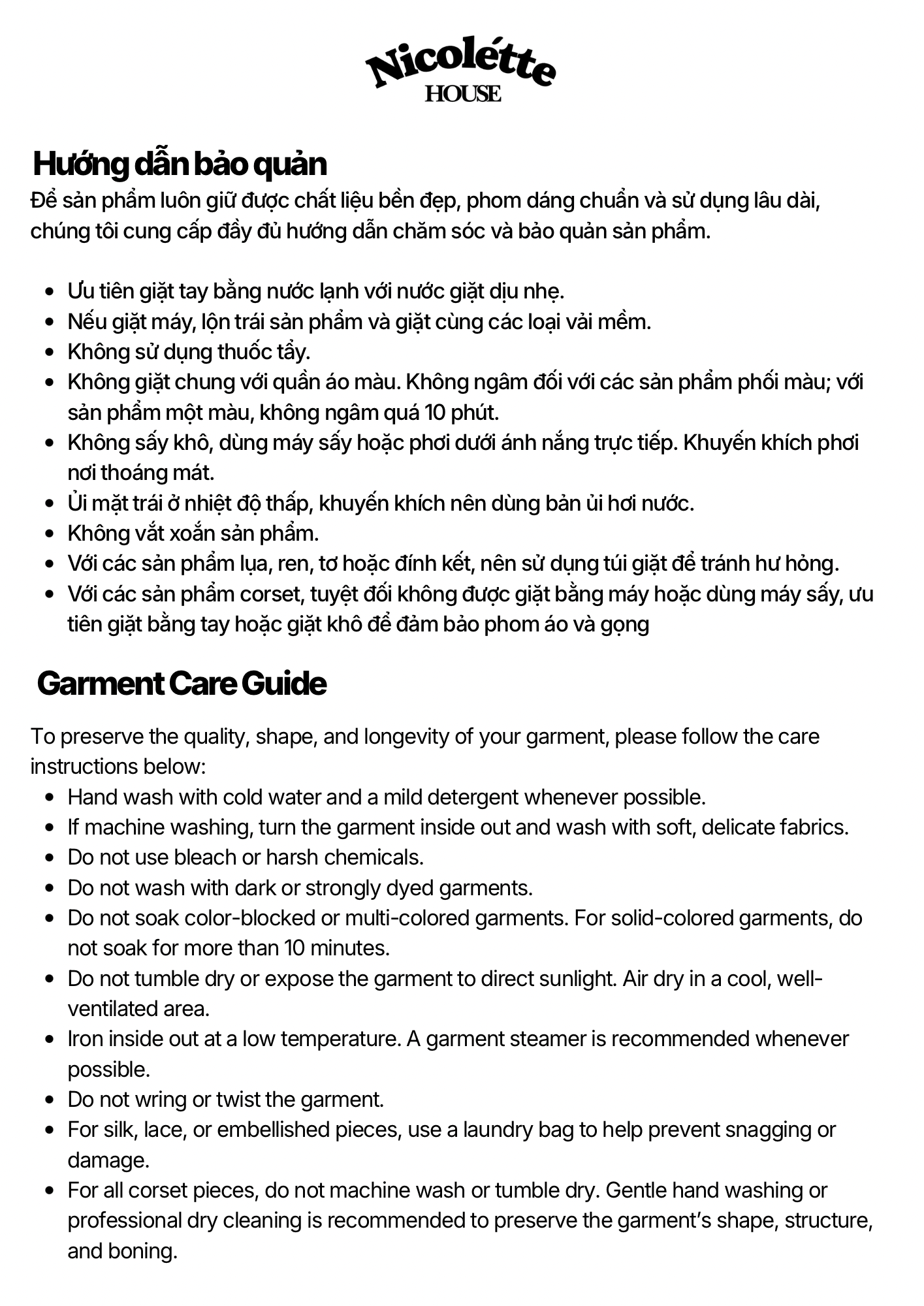 Nicolétte House garment care guide in Vietnamese and English: hand wash cold with mild detergent, no bleach, no tumble drying or direct sunlight, iron inside out on low, use a laundry bag for silk and lace, and hand wash or dry clean corsets
