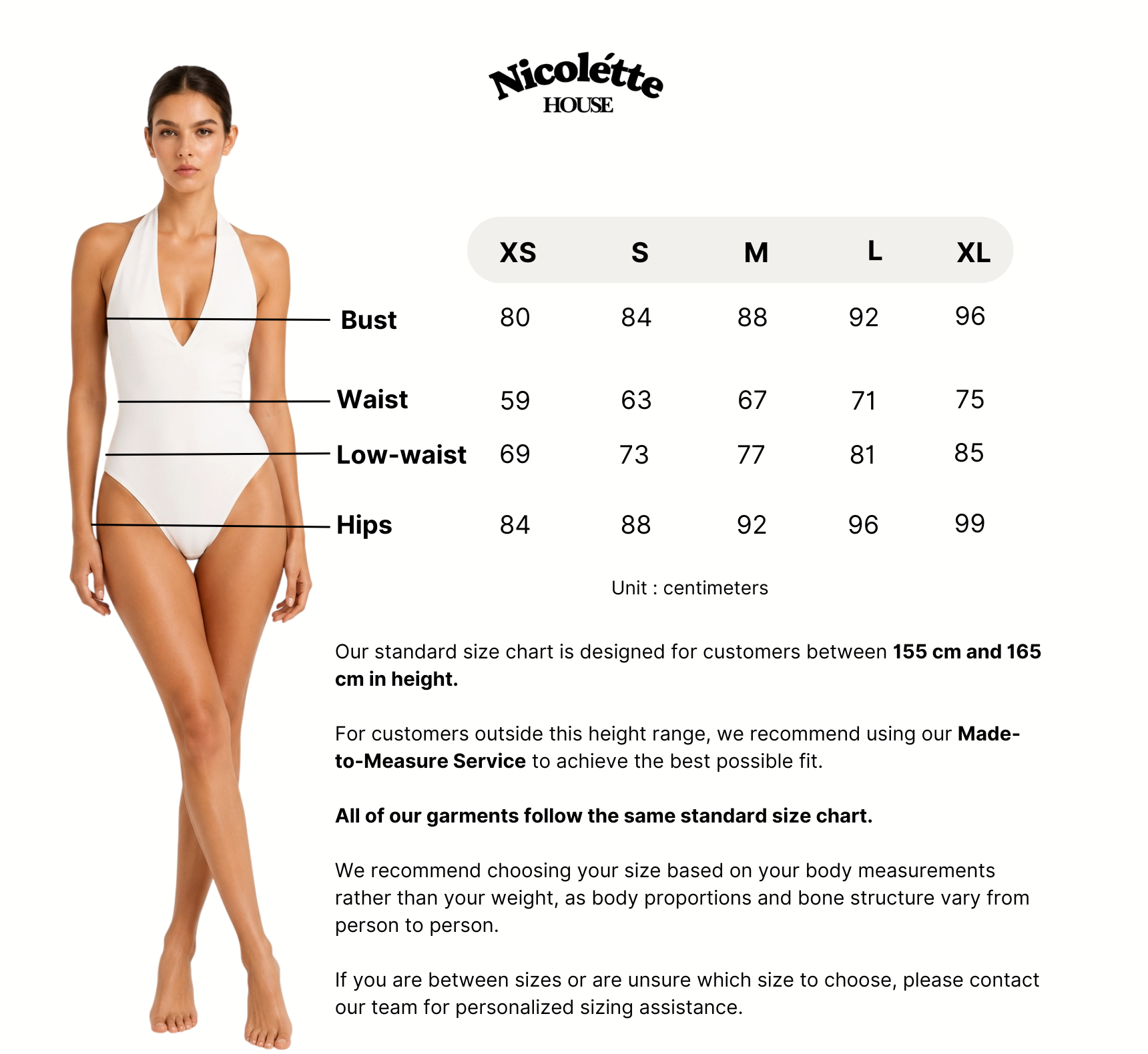 Nicolétte House size chart: bust, waist, low-waist and hip measurements in centimeters for sizes XS to XL