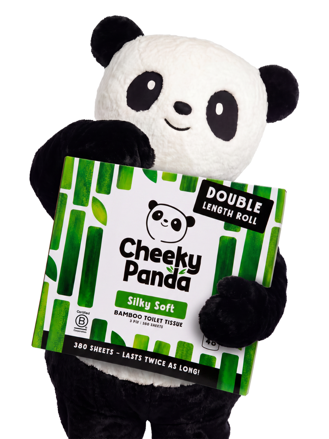 Cheeky Panda mascot hugging a box of Double Length Roll Silky Soft bamboo toilet tissue