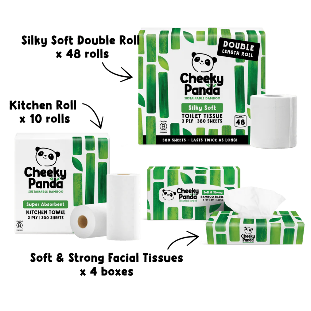 Cheeky Panda sustainable bamboo products including toilet tissue, kitchen towels, and wipes on a black background.
