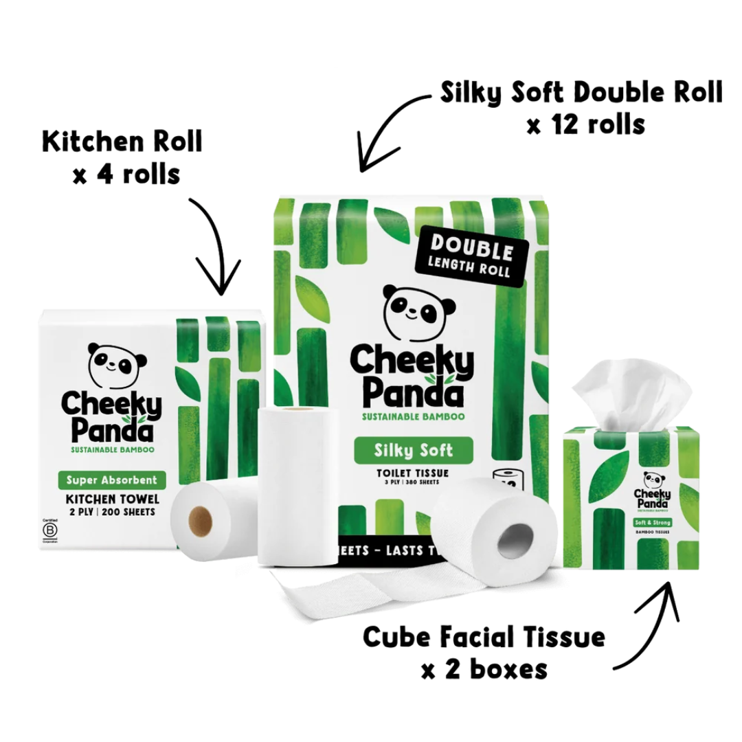 Cheeky Panda sustainable bamboo products including toilet paper, kitchen towels, and tissues boxes on a black background.