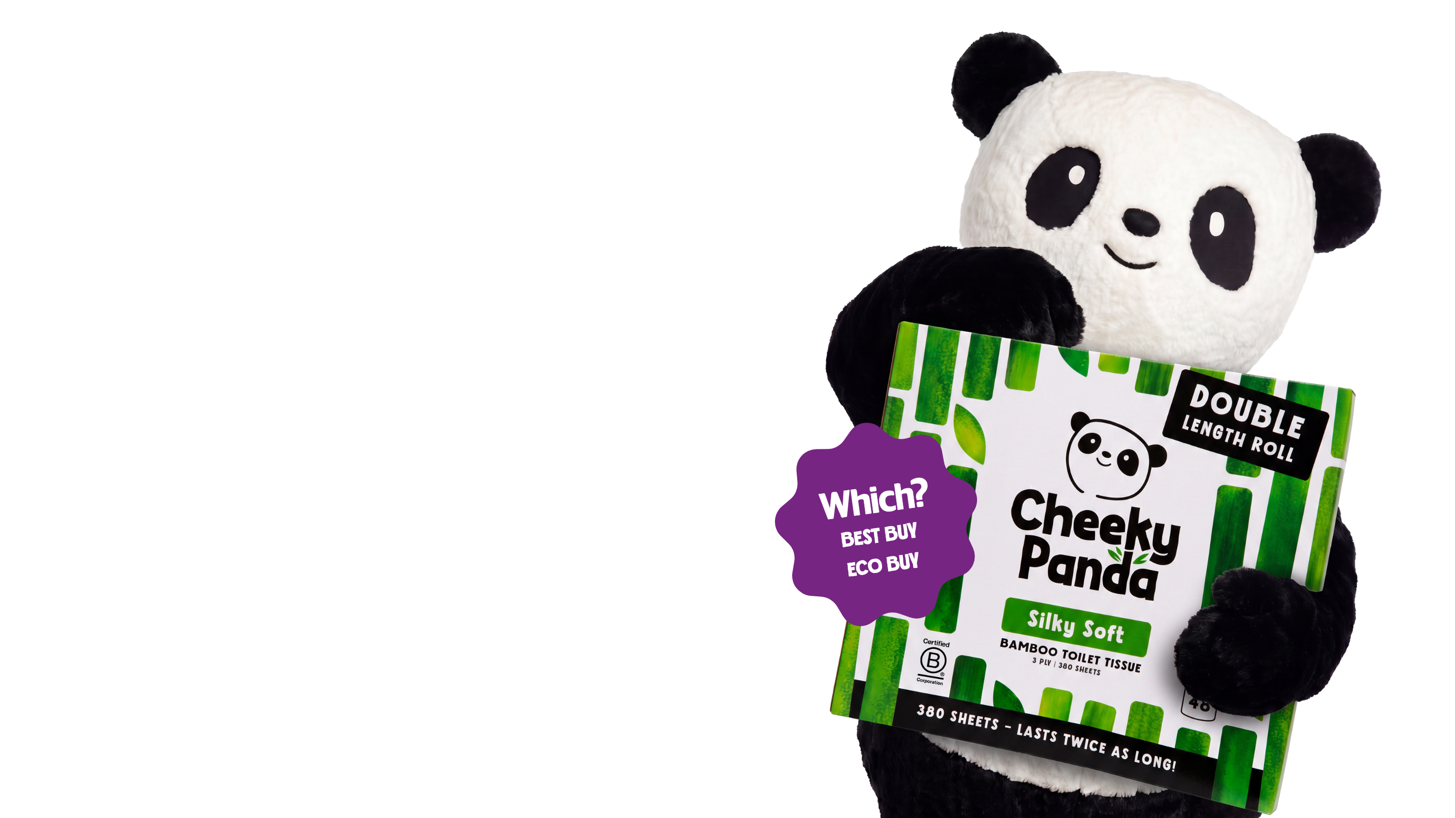 Colin the Cheeky Panda mascot hugging a Silky Soft Double Length Roll bamboo toilet tissue pack with a Which? Best Buy and Eco Buy badge