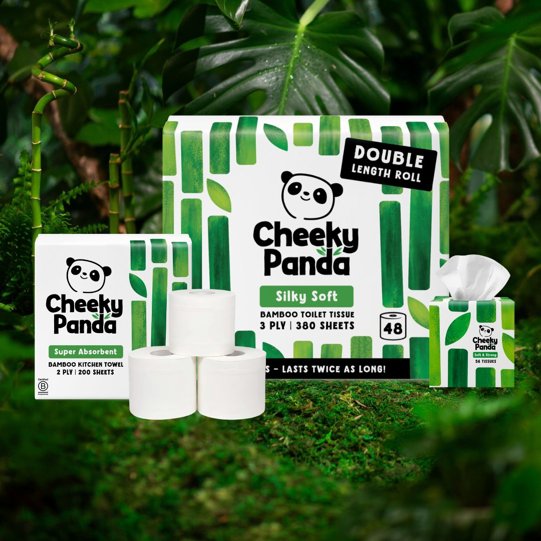 Cheeky Panda Double Roll bamboo toilet tissue packs stacked on moss in a lush bamboo jungle