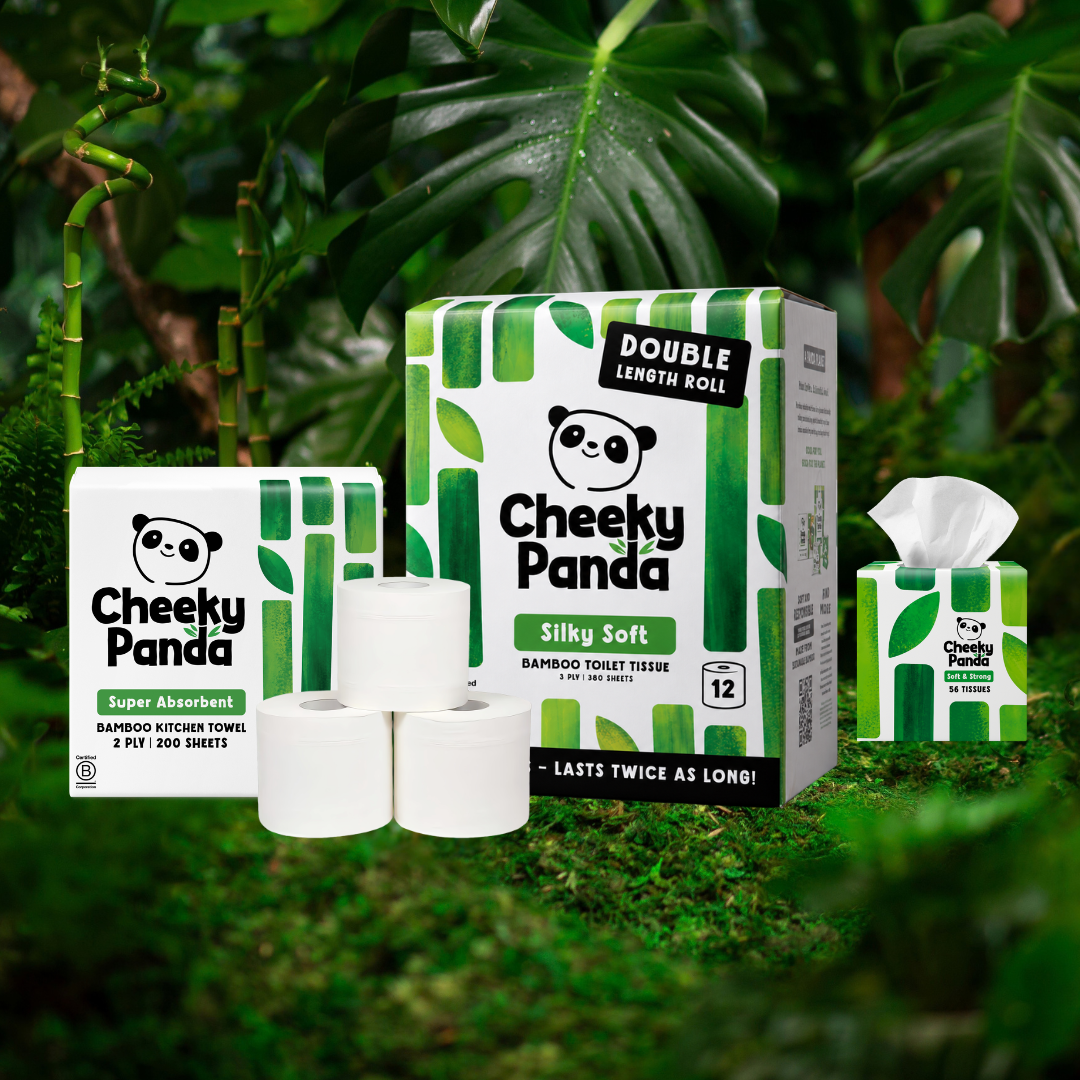 Cheeky Panda Double Roll bamboo toilet tissue packs stacked on moss in a lush bamboo jungle