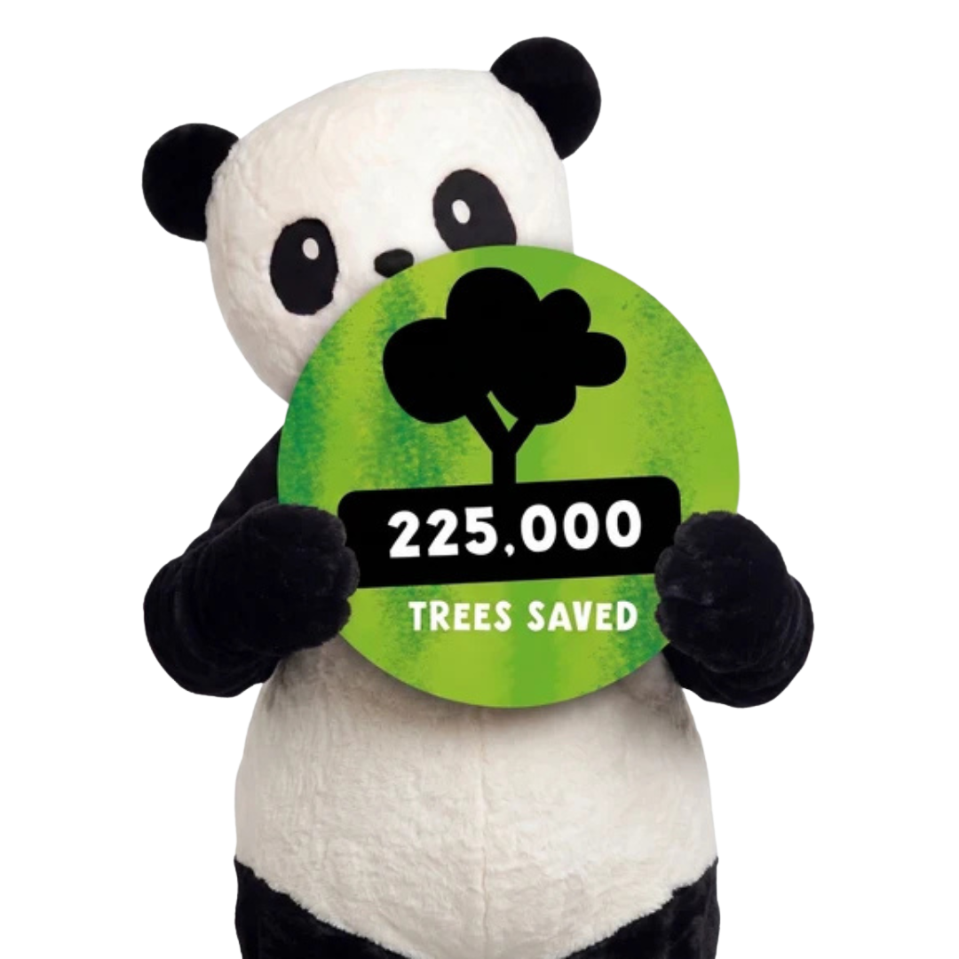 Cheeky Panda mascot holding a sign reading 225,000 trees saved