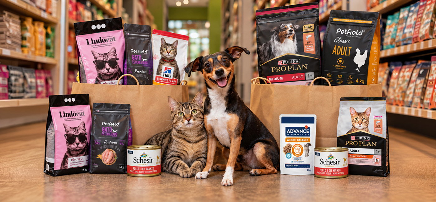 Cão e gato felizes junto a duas embalagens de alimento — leva mais e paga menos