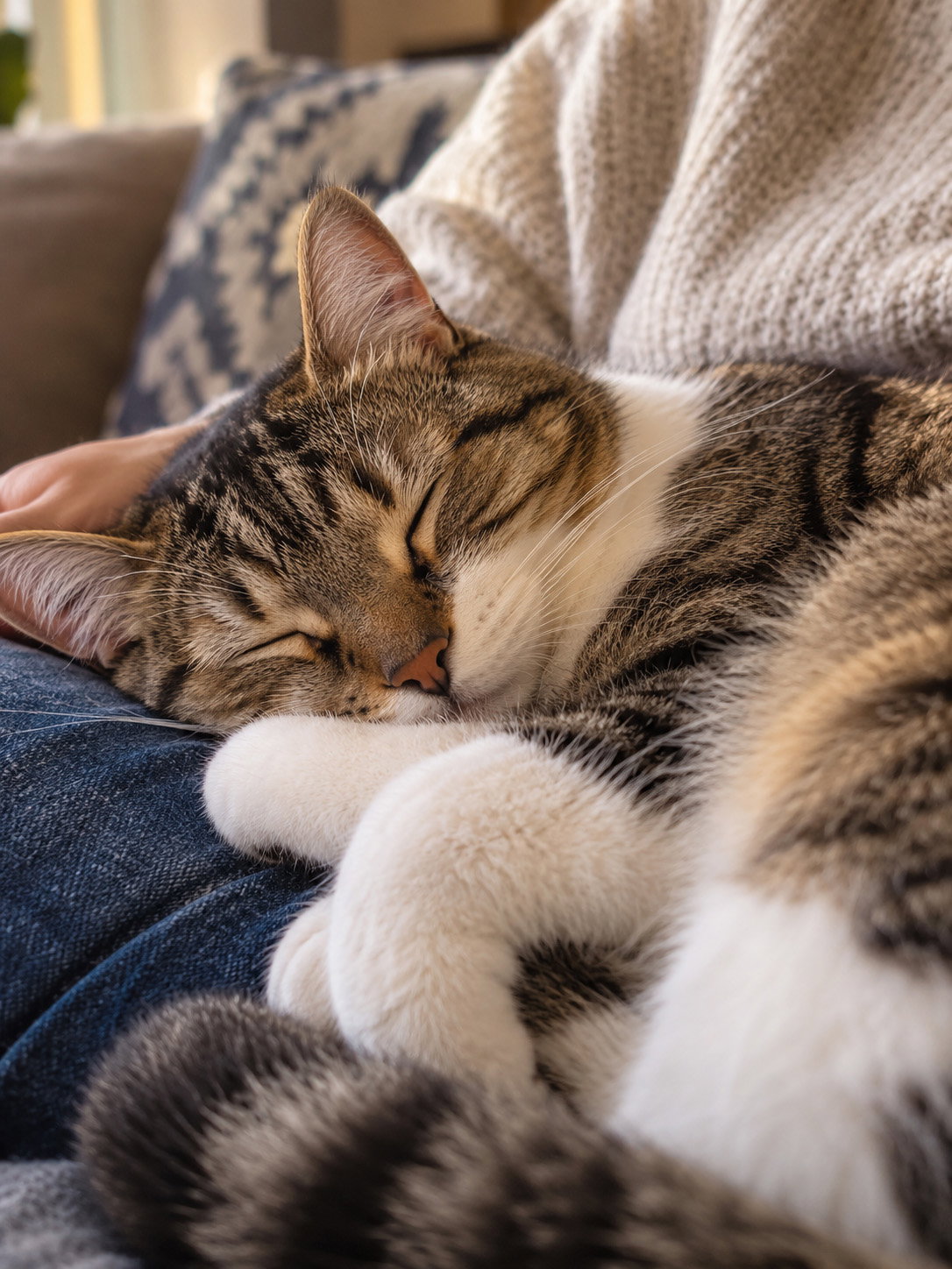 Gato a dormir ao colo de uma pessoa com camisola de malha