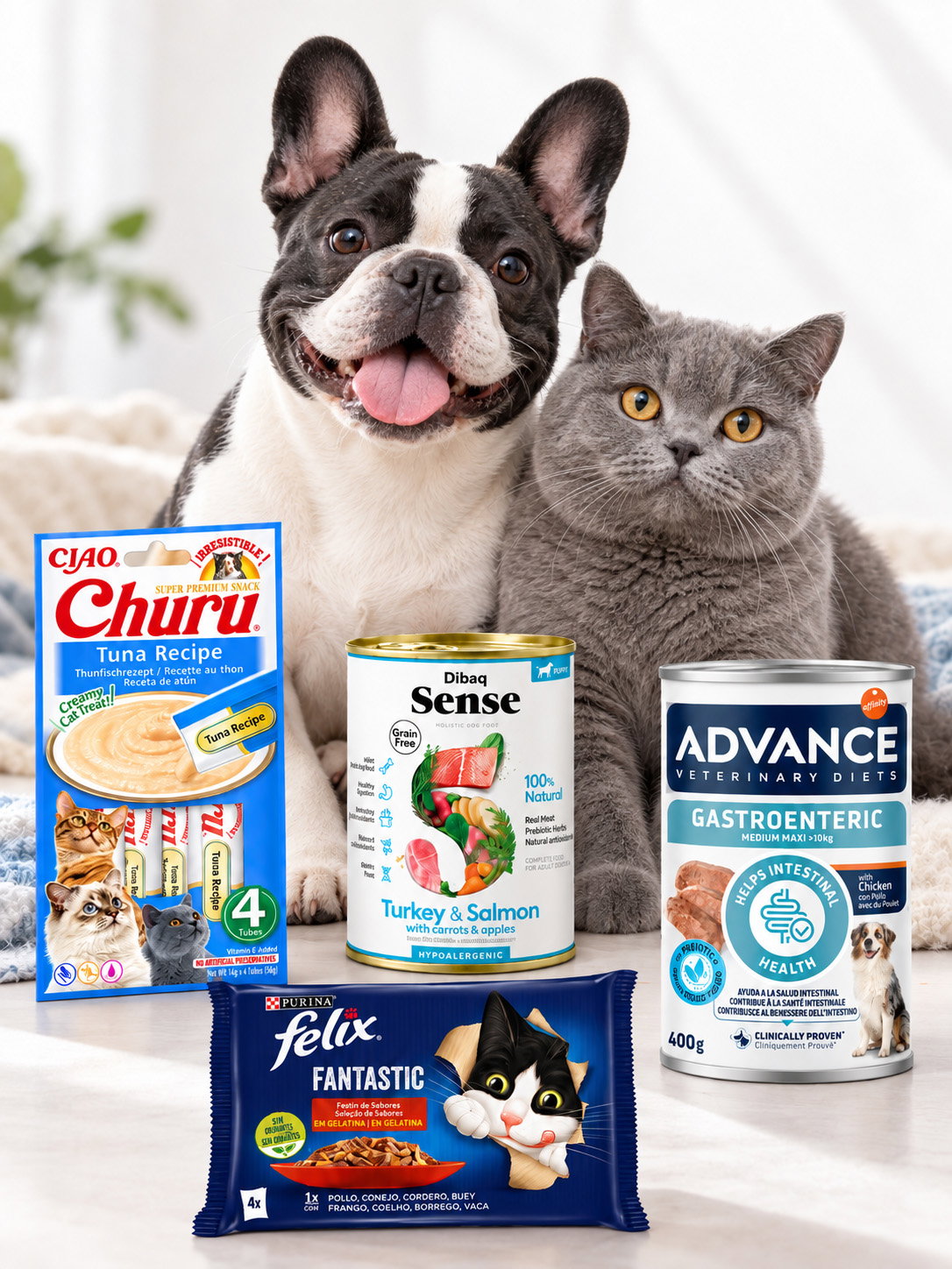 Gato e cão junto a taças com alimentação húmida