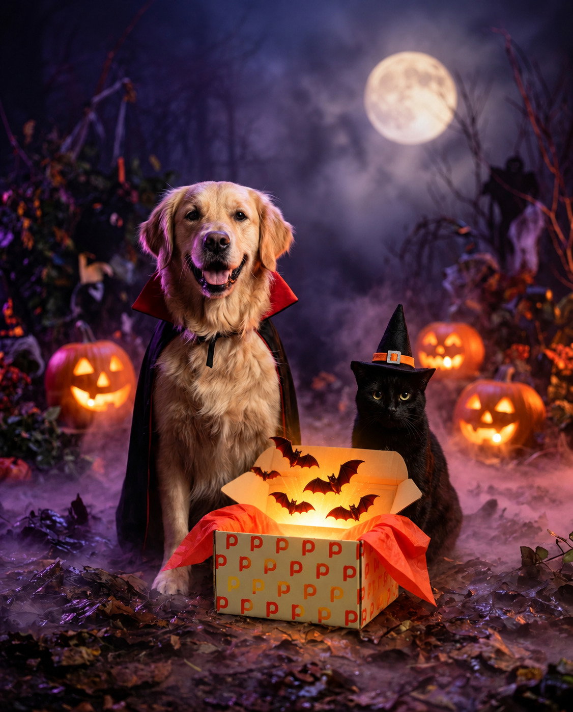Cão com capa de vampiro e gato com chapéu de bruxa ao lado de uma caixa de oferta, entre abóboras iluminadas e nevoeiro