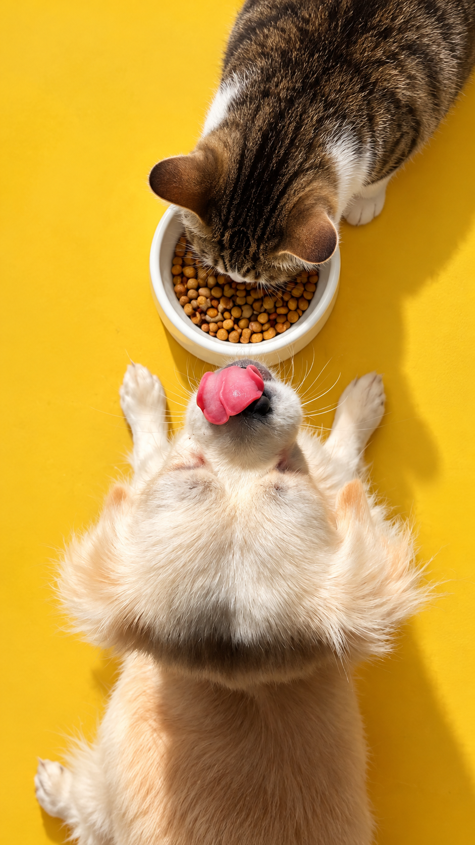 Golden retriever e gato laranja sentados atrás de duas taças com ração