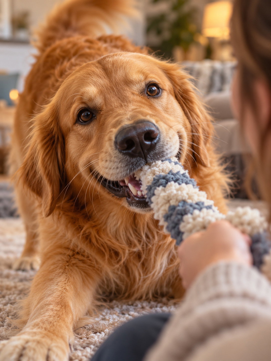 Jovem a rir enquanto brinca com um cachorro