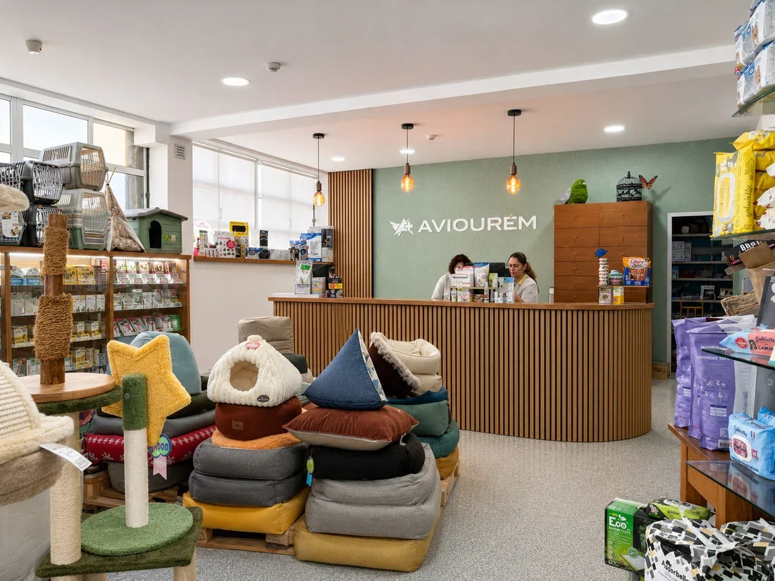 Entrada da loja Pet City de Tomar numa rua histórica