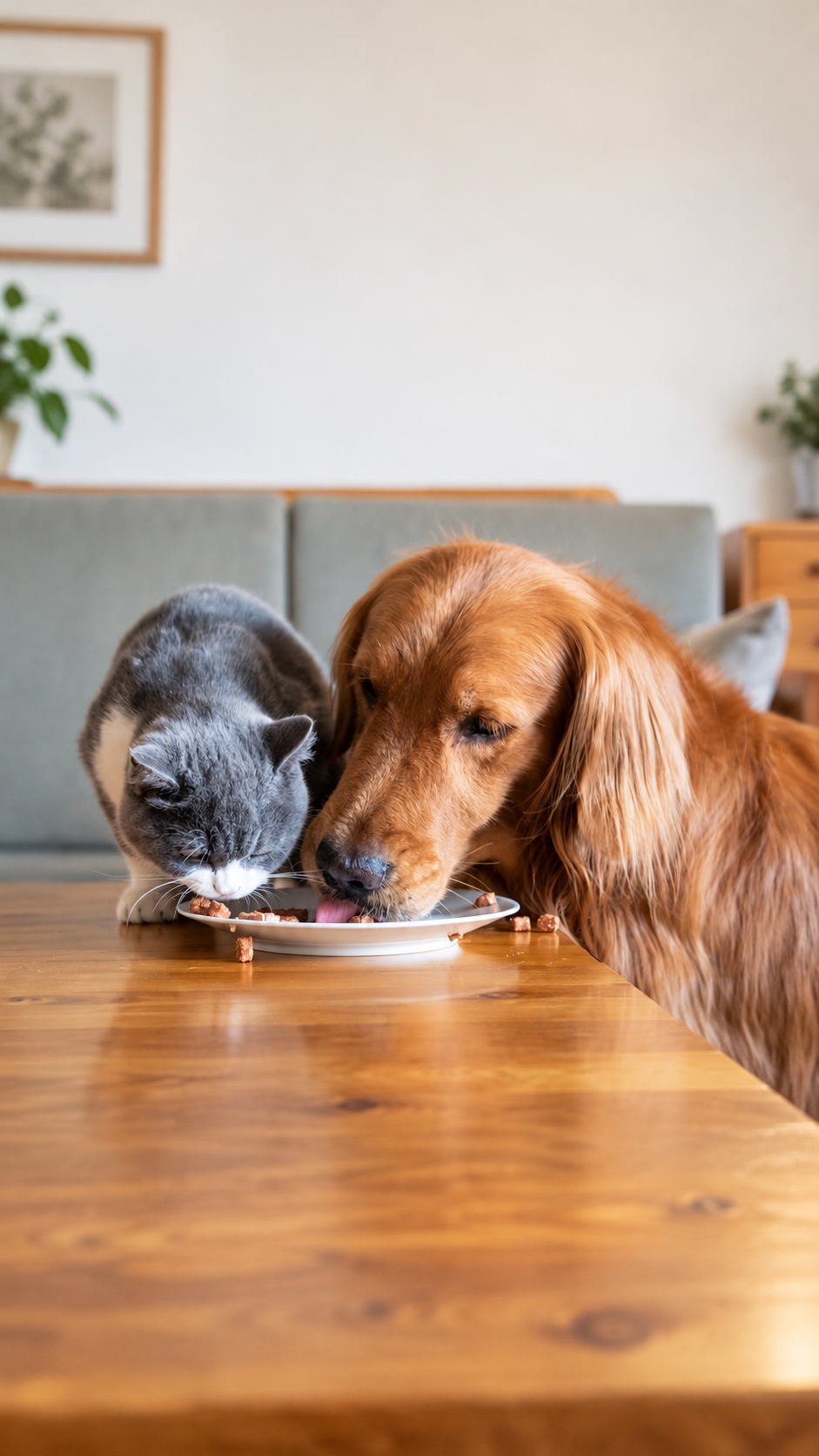 Border collie e gato tigrado numa cozinha luminosa junto a uma taça de ração
