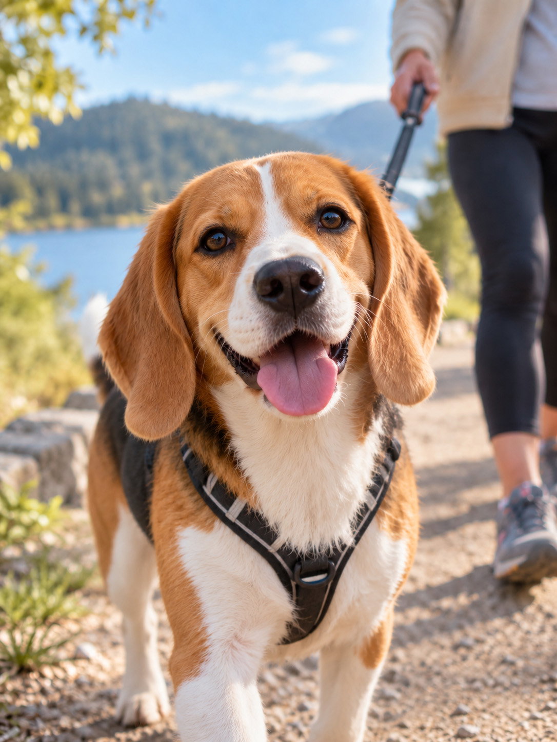 Casal a passear um beagle numa rua arborizada ao fim da tarde