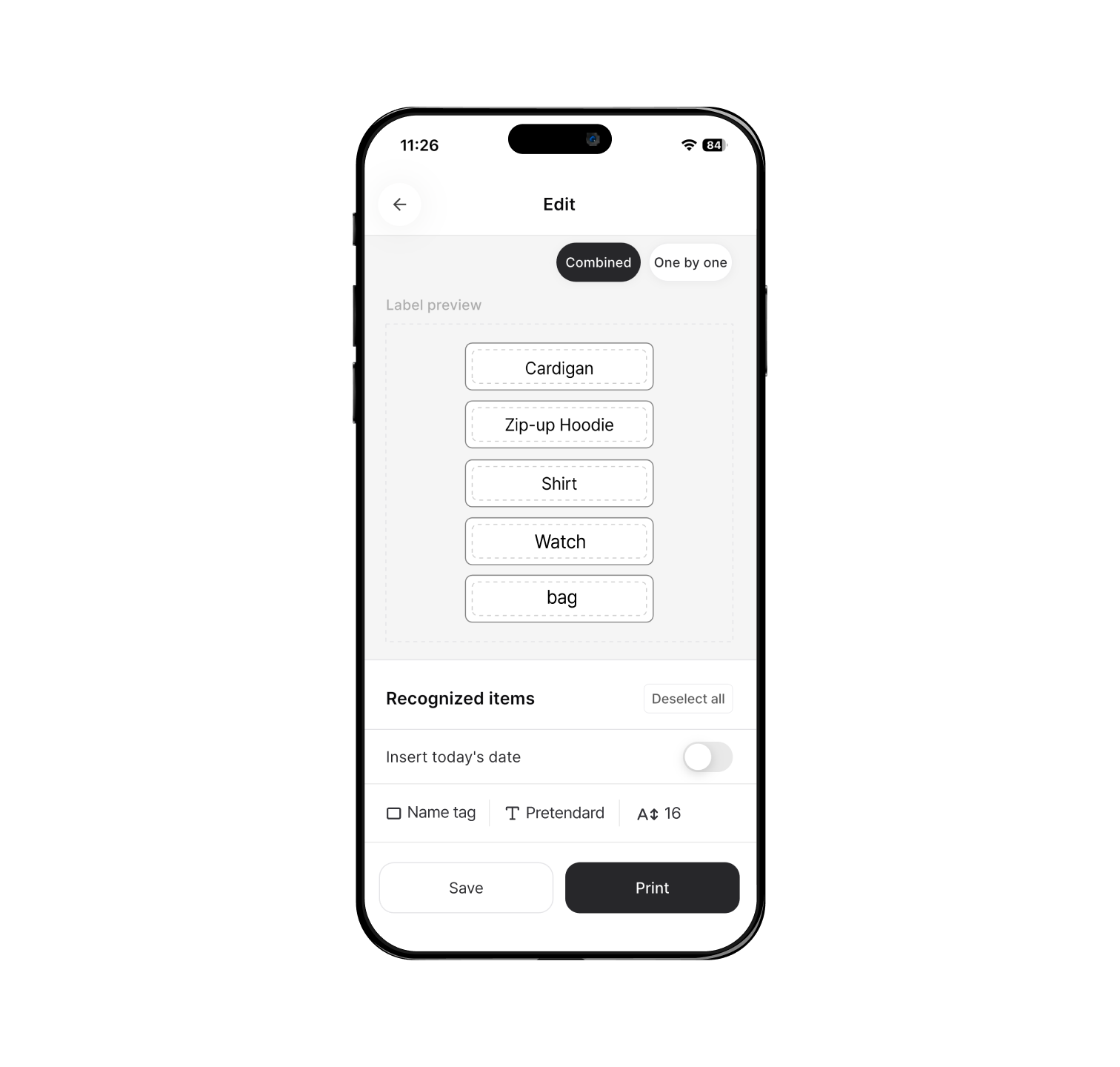 Nemonic app designing a label automatically