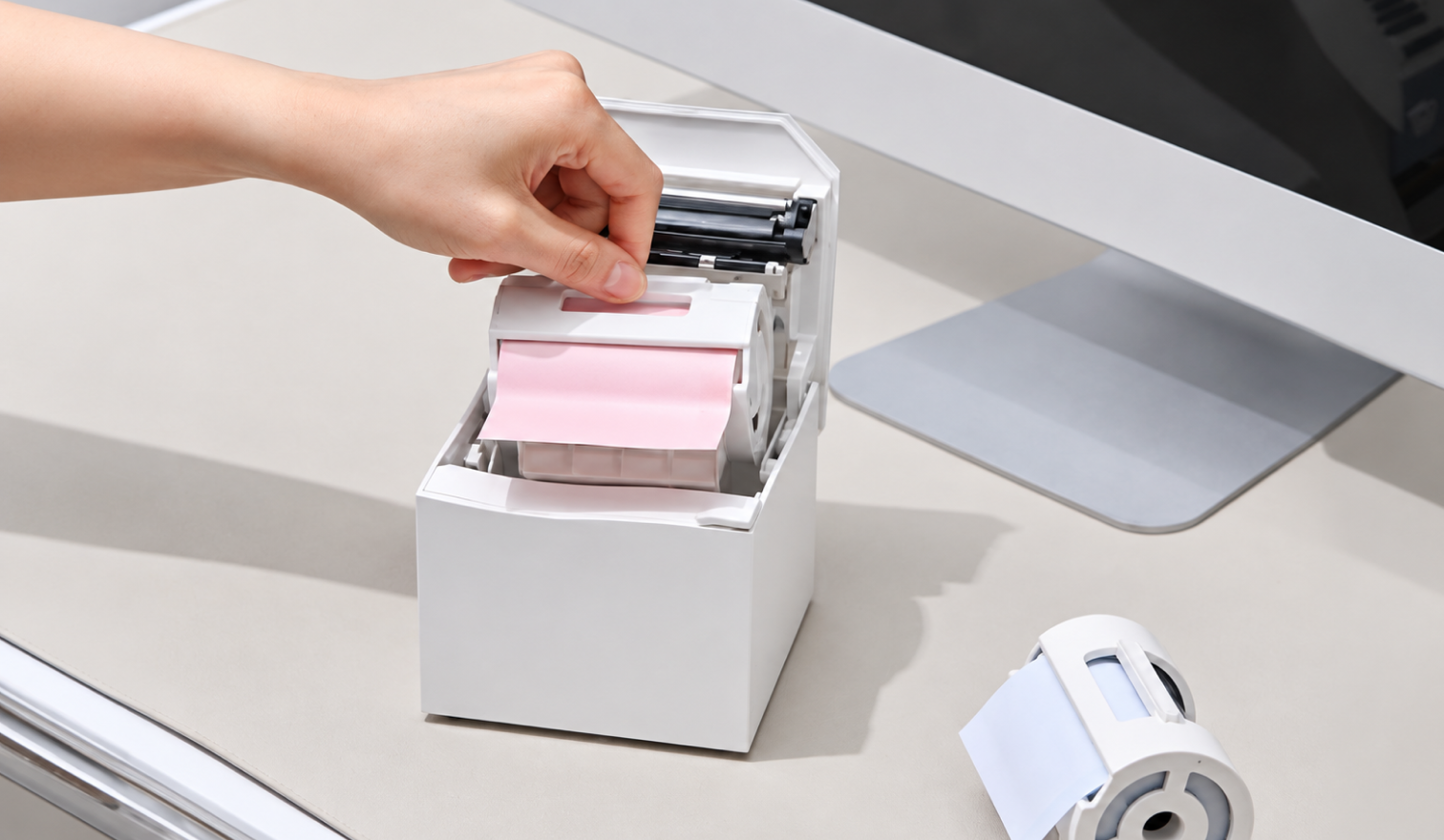 Hand loading a pink paper roll into a nemonic printer