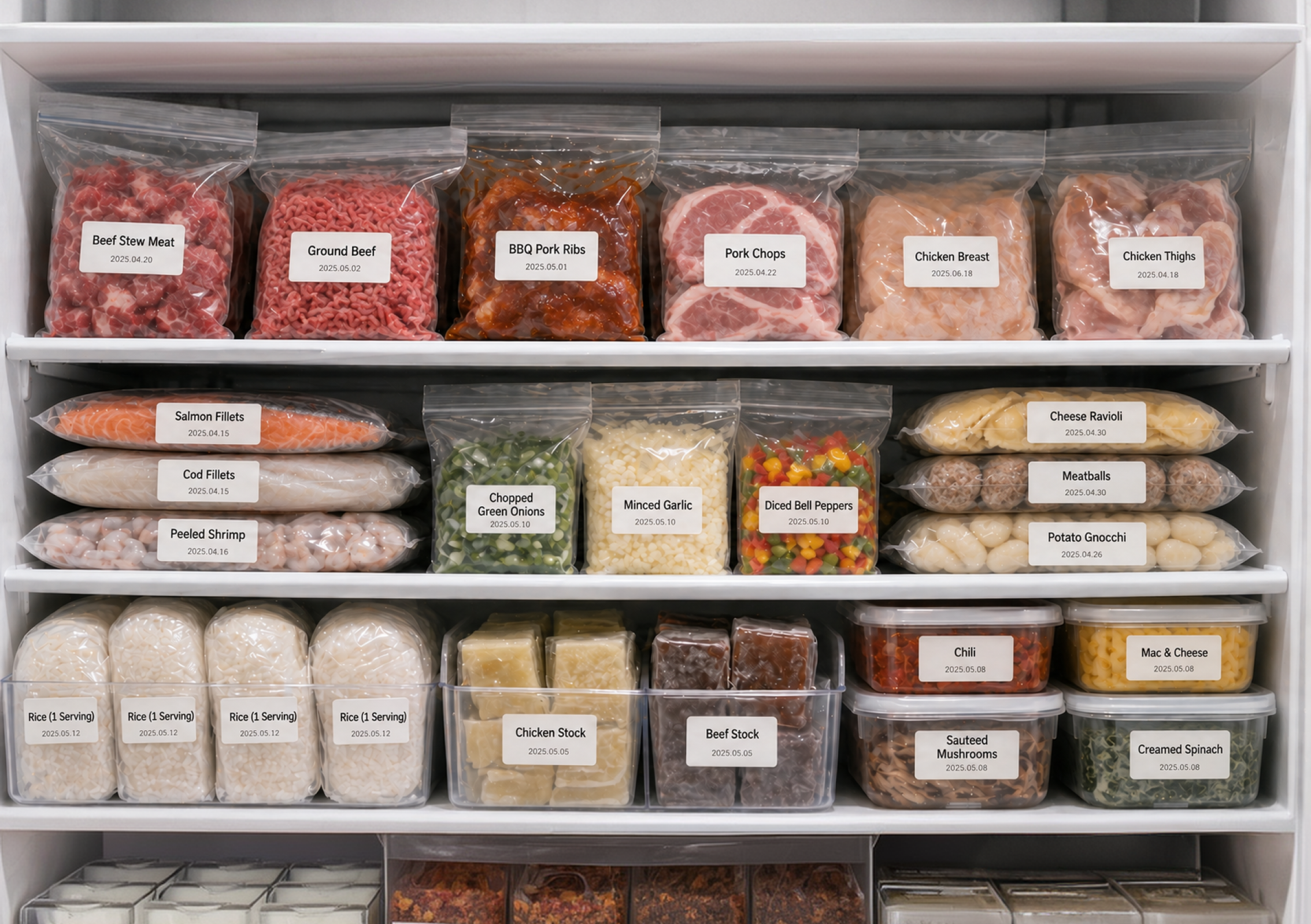 Labeled pantry jars and food containers