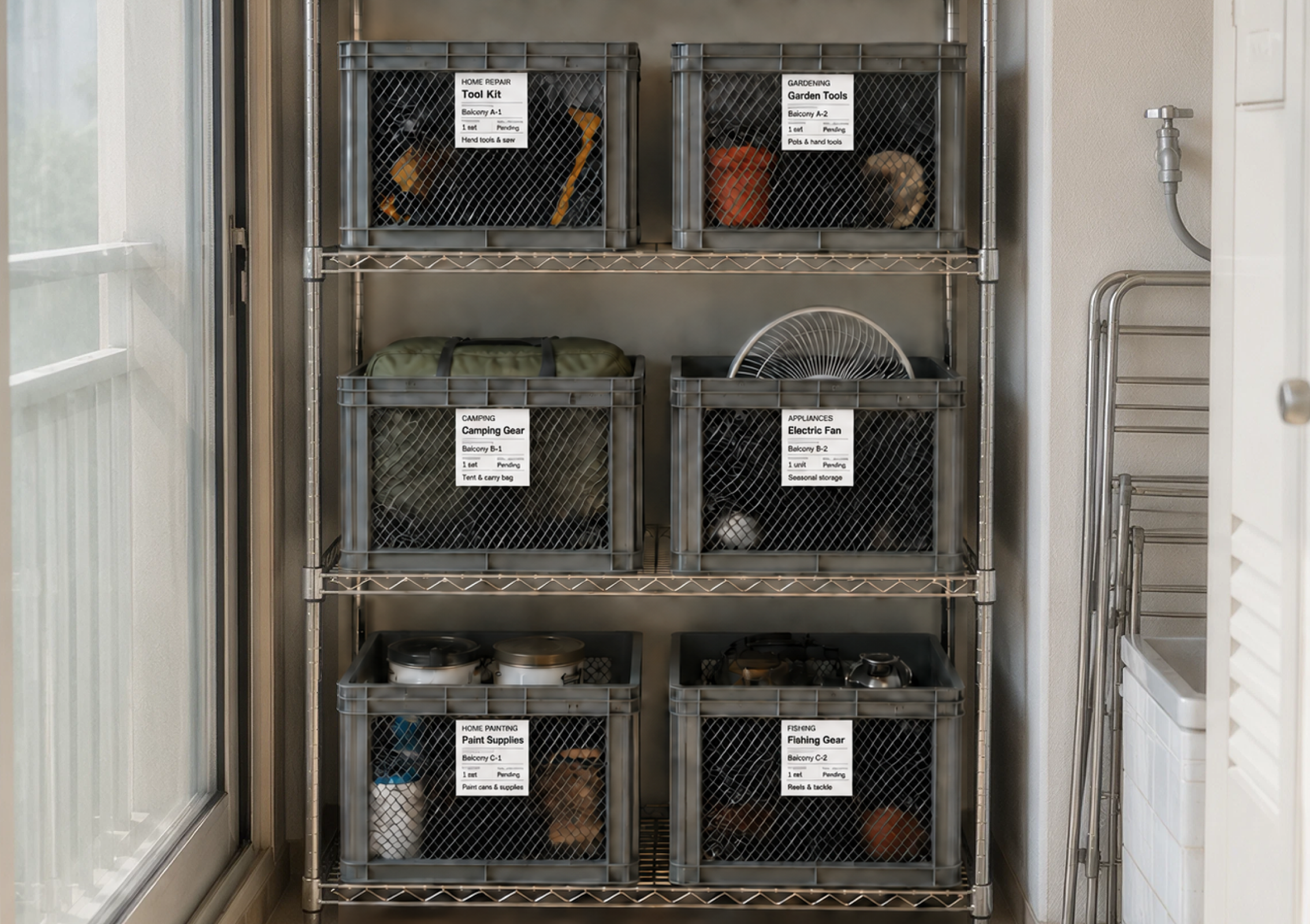 Labeled storage boxes and closet bins