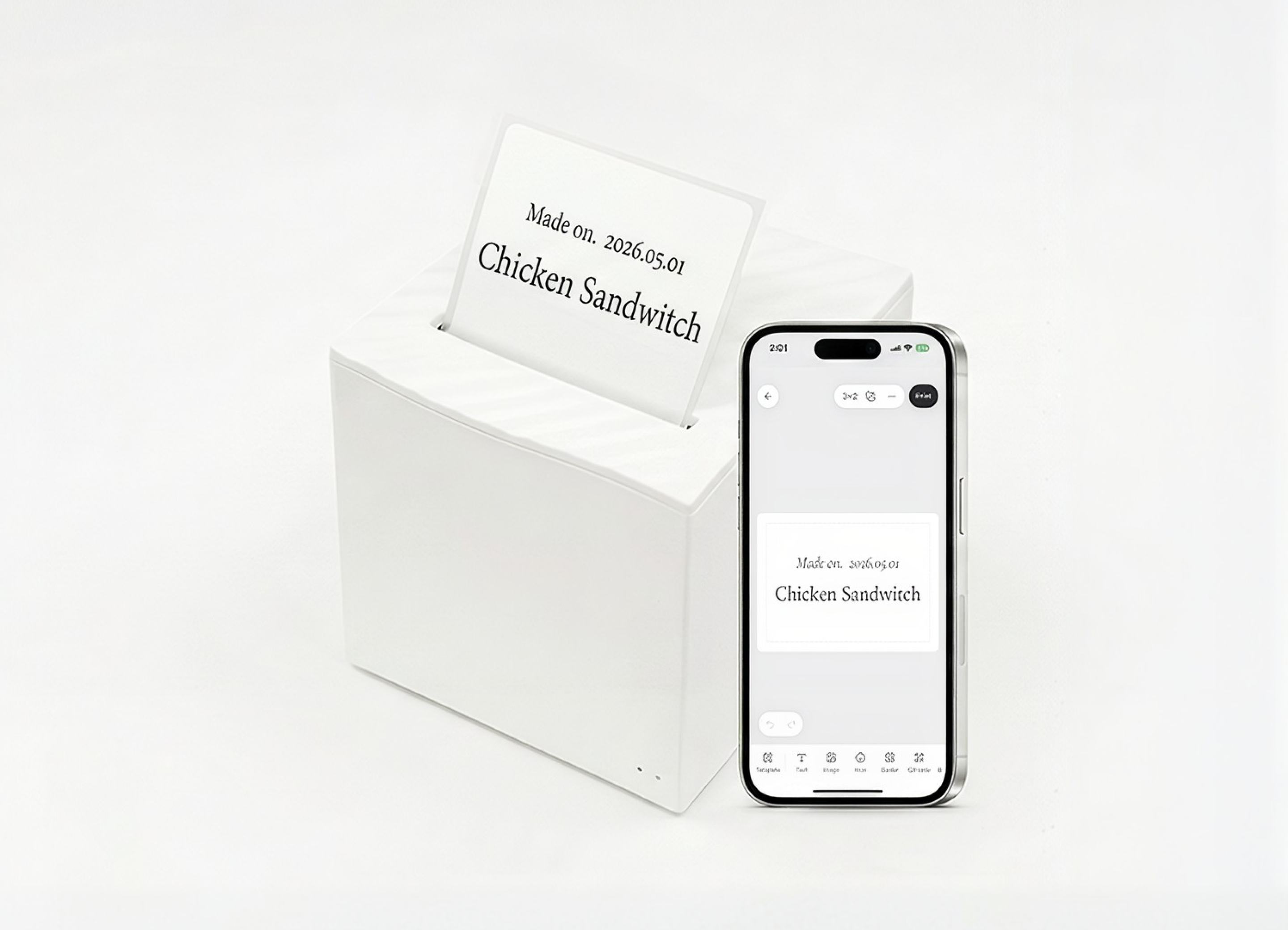 Nemonic AI printer next to a phone showing the label design app