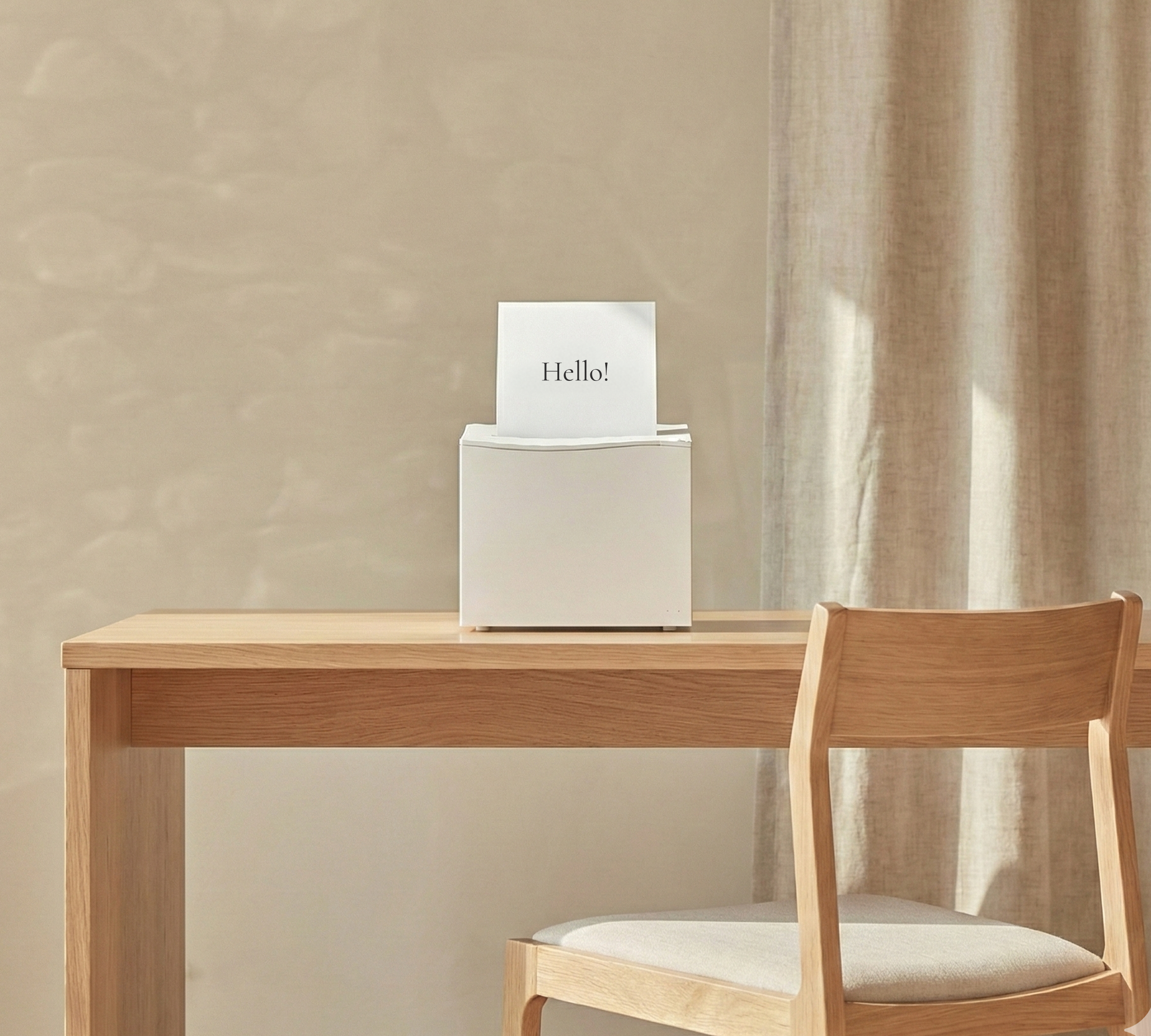 Nemonic printer on a wooden desk printing a note that says Hello