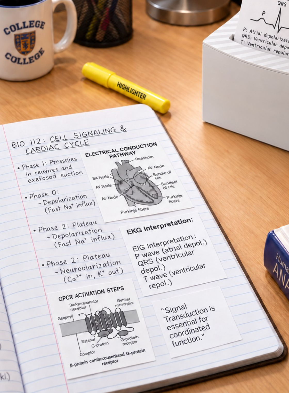 Study notes in a notebook with printed nemonic sticky notes