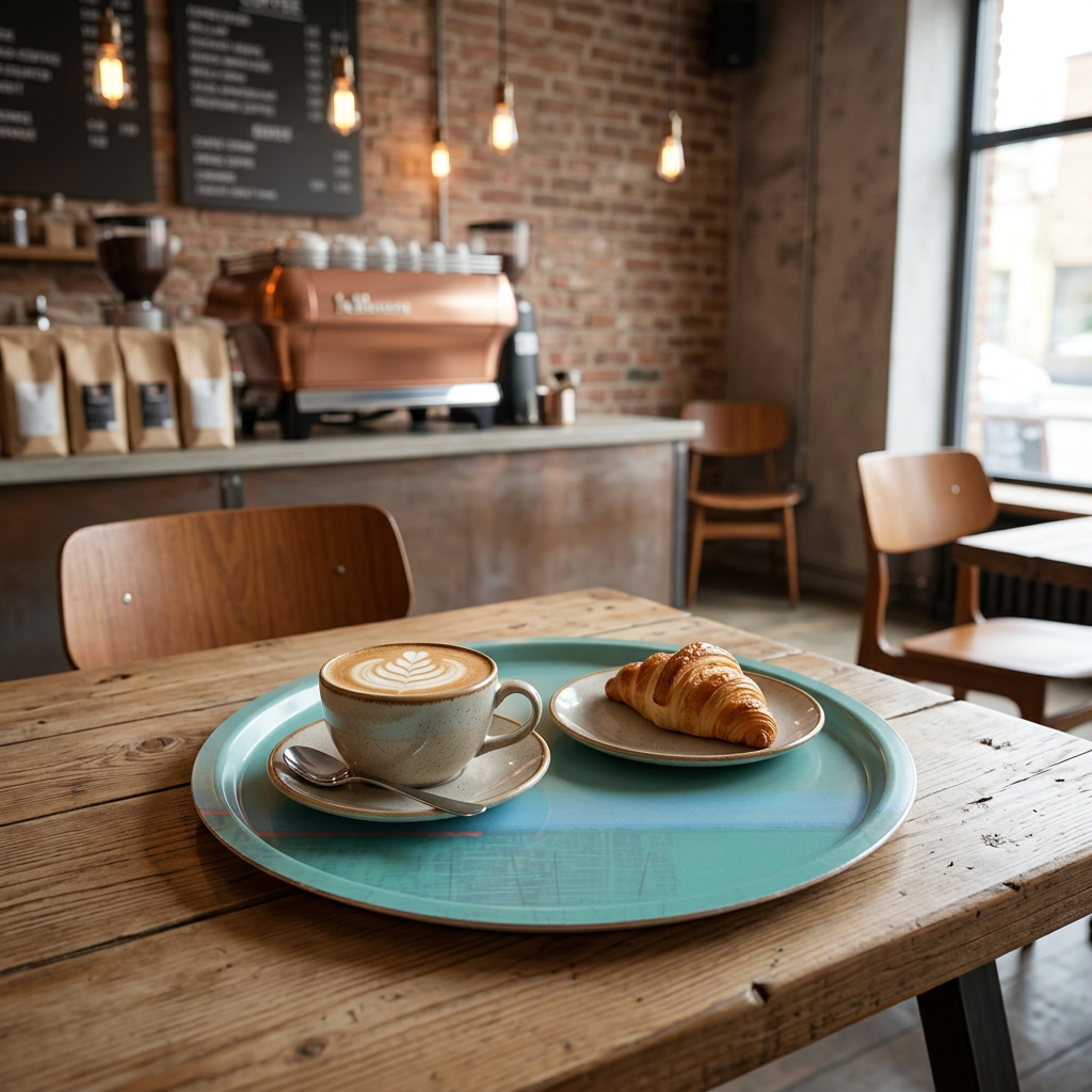 Latte with latte art and croissant on a blue tray on a wooden table in a cozy café