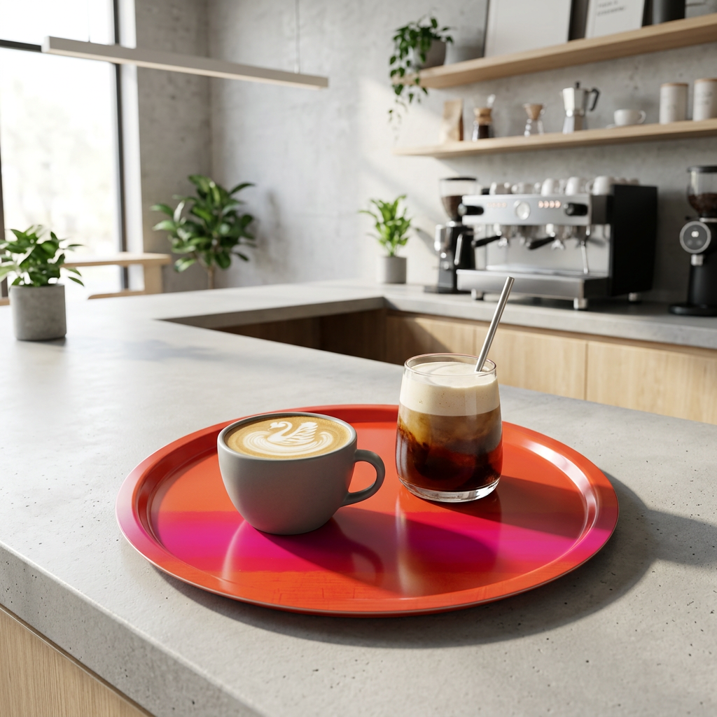 A cup of latte with swan art and a glass of iced coffee on a red tray on a cafe counter