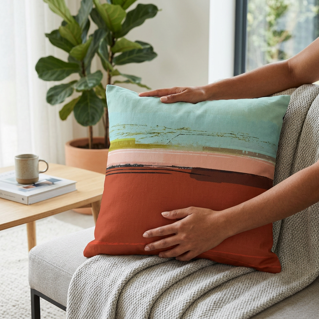 Person holding a cushion with abstract color stripes sitting on a gray blanket