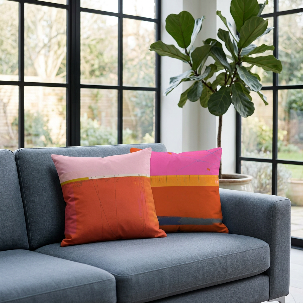 Grey sofa with two abstract-patterned cushions in orange, pink, and yellow near large windows with a plant