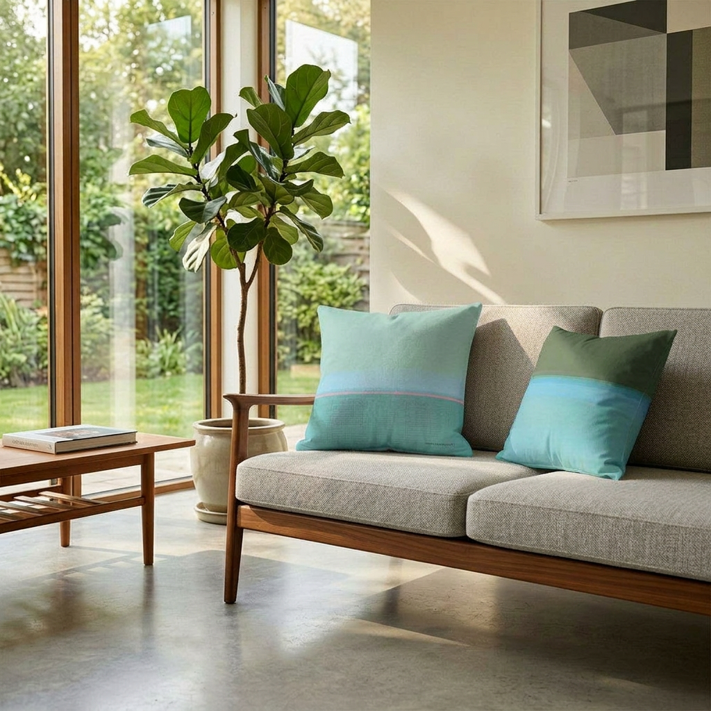 Light-filled modern living room with gray sofa, blue-green pillows, wooden table, and potted plant