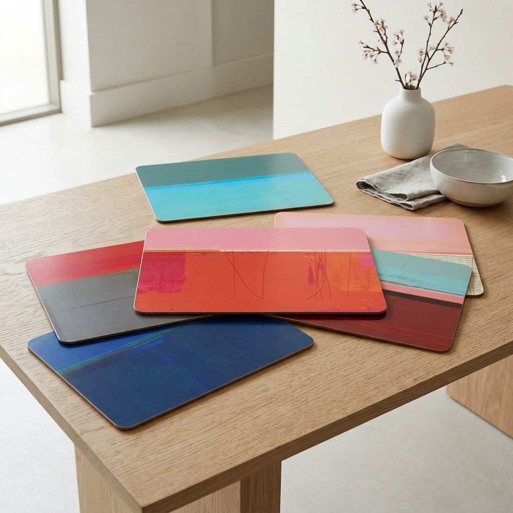 Five rectangular placemats with colorful abstract designs on a wooden table with vase and bowl