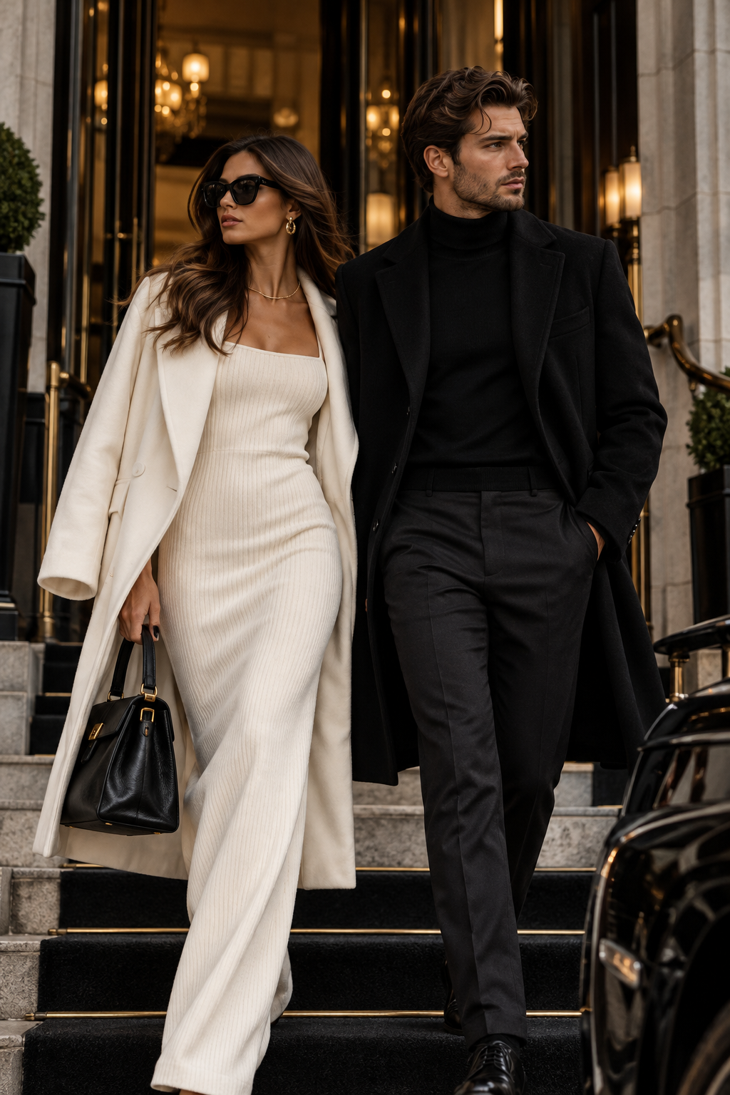Frau in cremefarbenem Mantel und Strickkleid und Mann in schwarzem Mantel mit Rollkragenpullover auf den Stufen eines eleganten Hotels