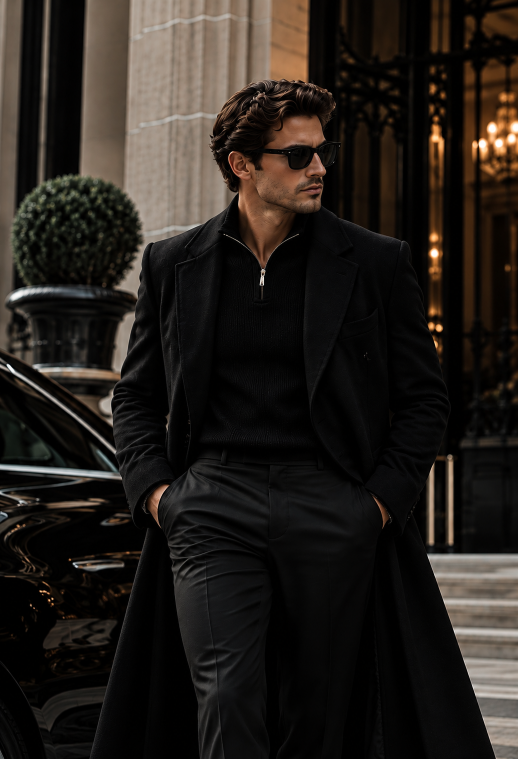 Mann in schwarzem Mantel mit Sonnenbrille vor einem eleganten Gebäude und einer schwarzen Limousine