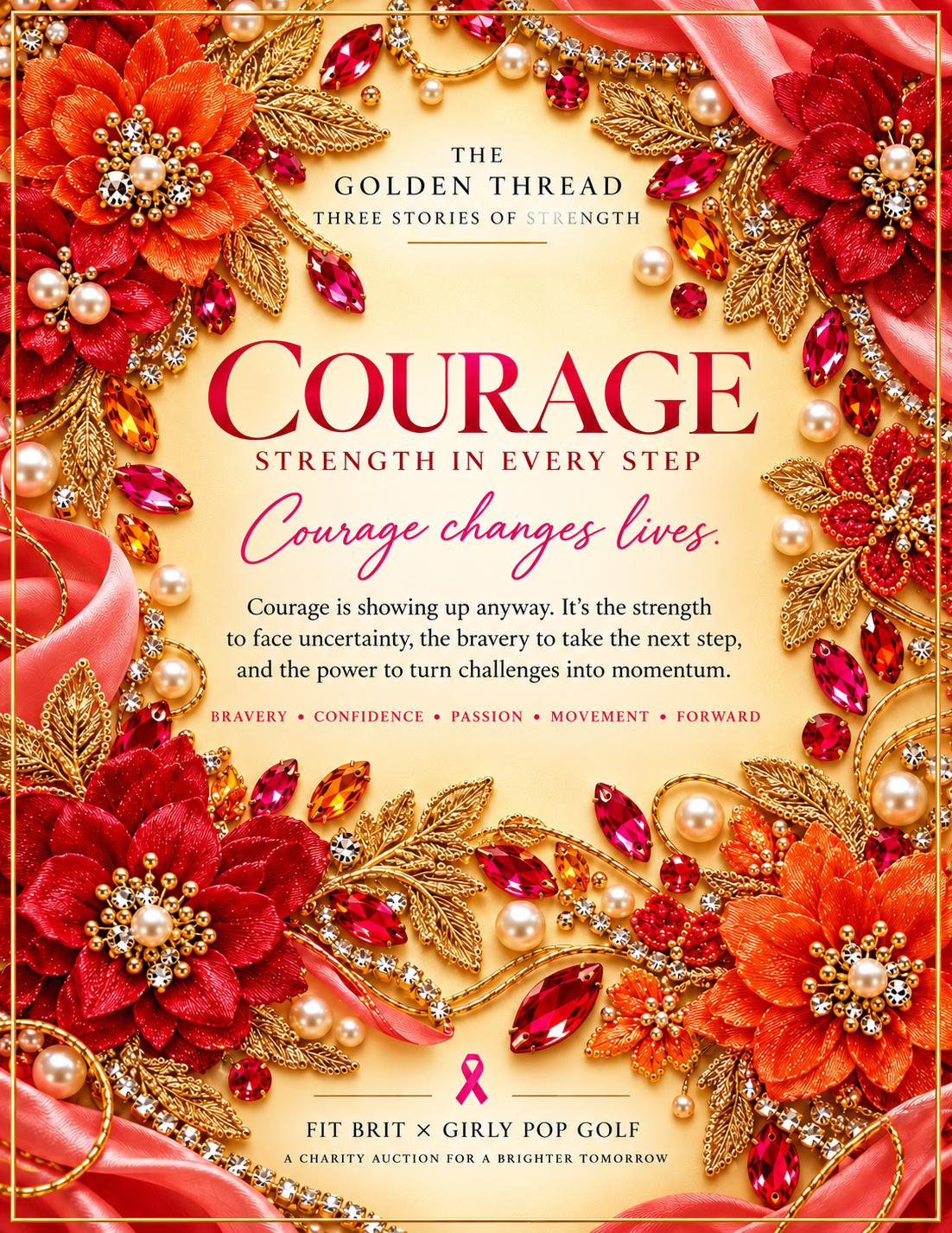 Golden Thread design inspiration poster for Courage: crimson COURAGE lettering, Strength in Every Step and Courage changes lives, framed by red and orange embellished flowers, rubies, pearls, crystals and coral ribbon. FIT BRIT x Girly Pop Golf, a charity auction for a brighter tomorrow.