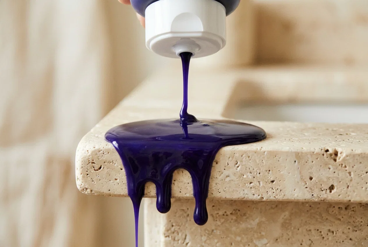 Thick, glossy deep-violet formula pouring from a white cap and dripping over the edge of a travertine counter