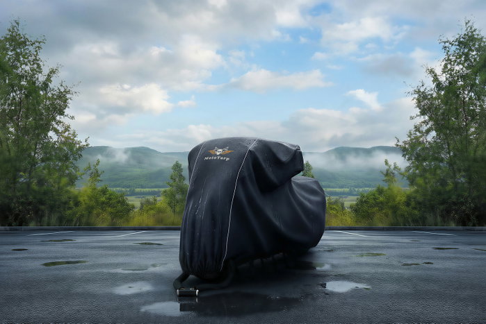 A covered motorcycle on wet ground after rain