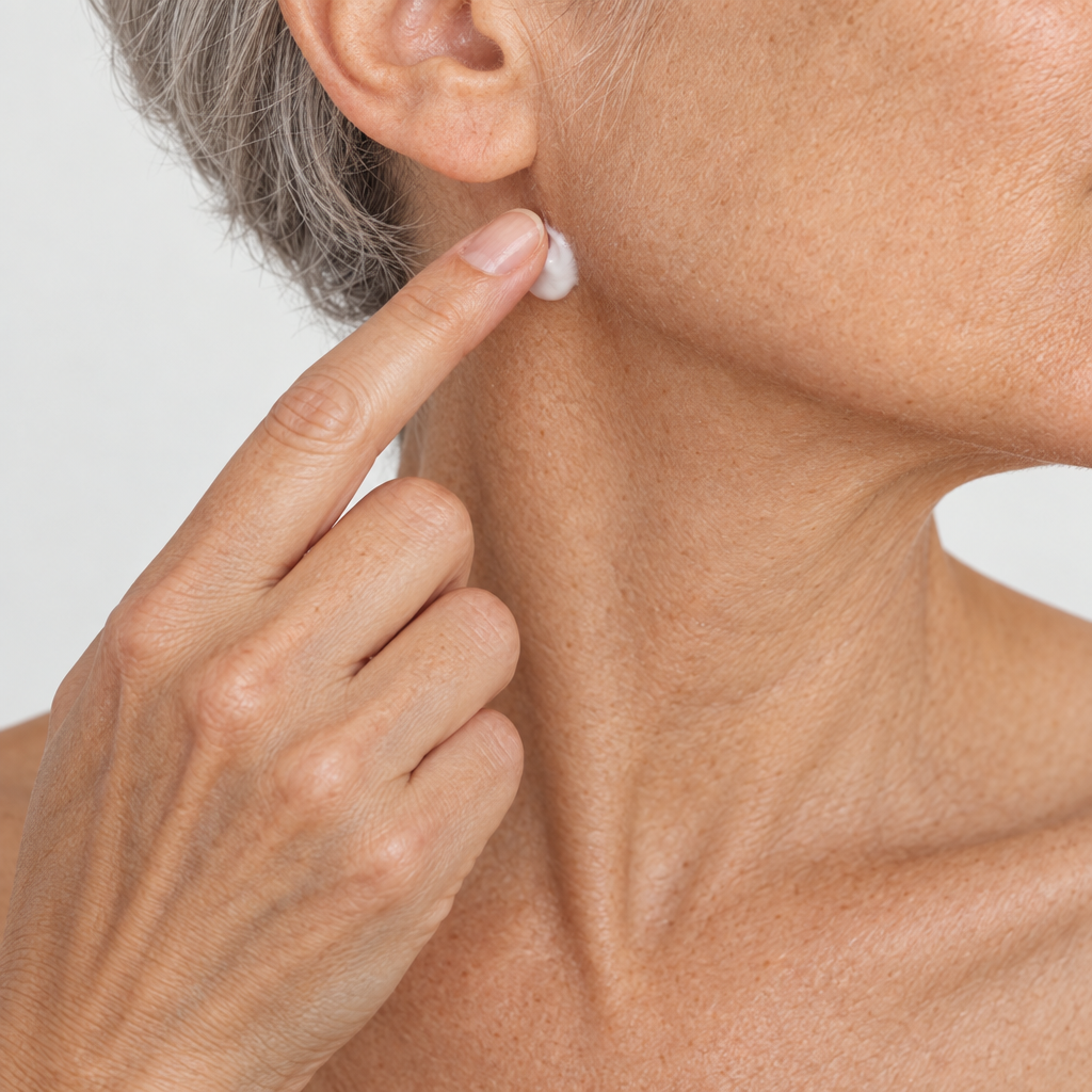 Side view of a mature woman's neck and jawline, cropped below the face, as a fingertip places a small dot of white cream just under the ear